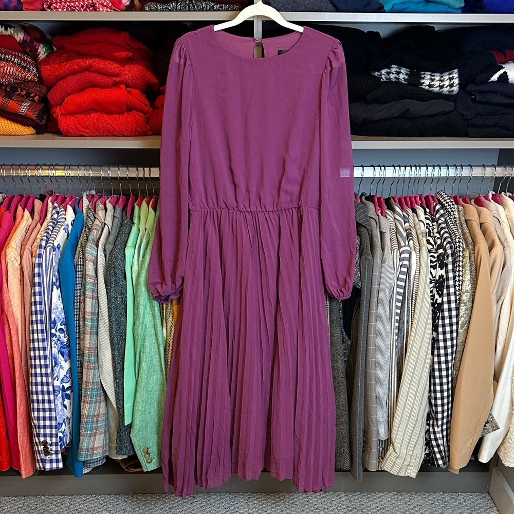 Zesica magenta long semi sheer sleeve elastic waist pleated midi dress size S